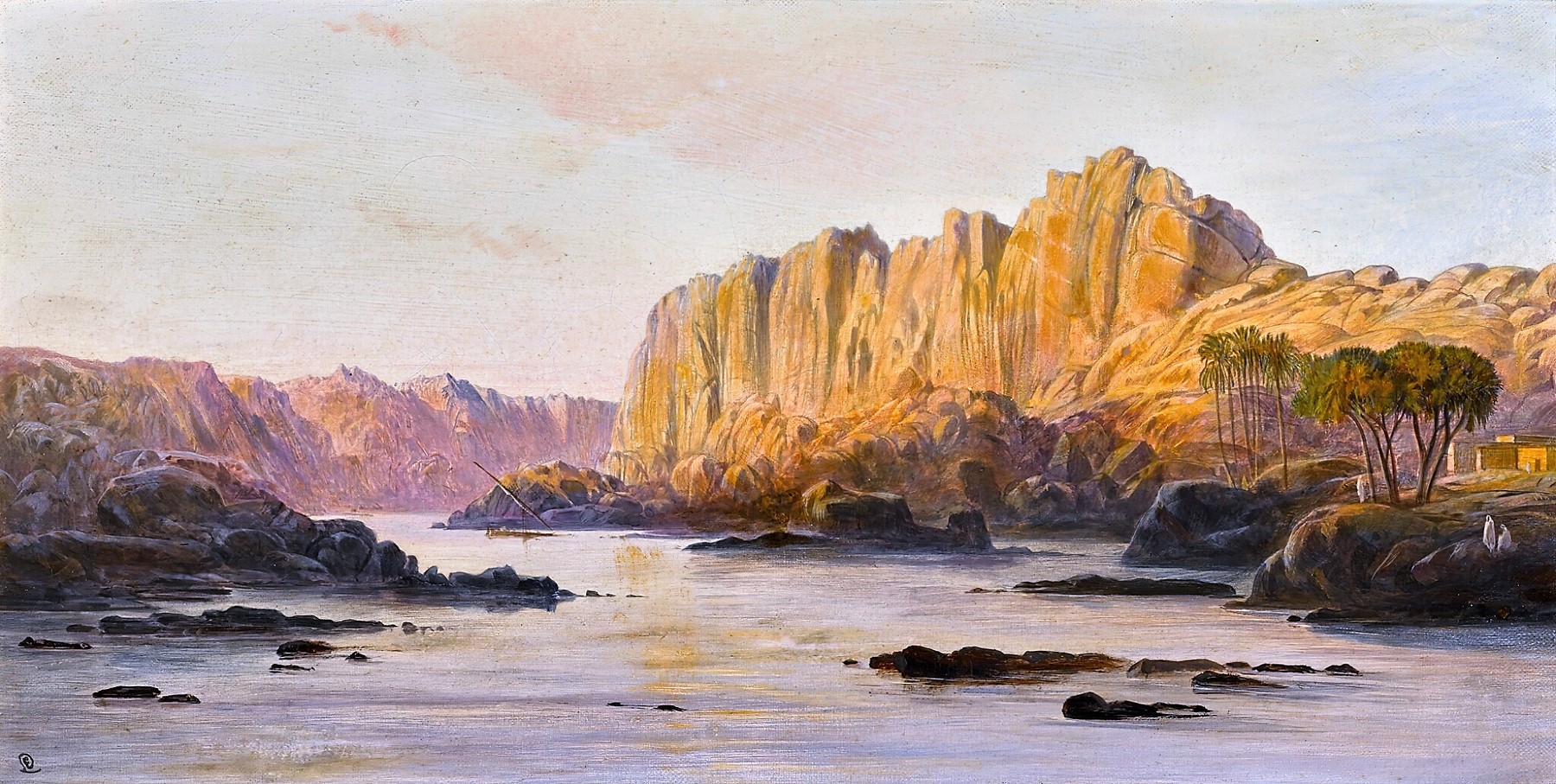 The landscape at Bab el-Kalabsha. Painting by Edward Lear (1871). Public domain, downloaded from Artvee.com