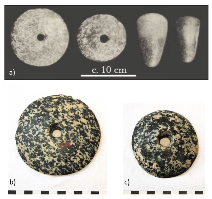 a) The mace-heads and axe-heads uncovered in Cemetery 7. From the left: grave 229, grave 230, grave 230, and grave 234. Photo from Reisner, <em>The Archaeological Survey of Nubia</em>, plate 63/d. b) The disc-shaped mace-head from grave 229 at Cemetery 7. Photo by Alexandros Tsakos. Courtesy of Nubia Museum, Aswan. c) The disc-shaped mace-head from grave 230. Photo by Alexandros Tsakos. Courtesy of Nubia Museum, Aswan.