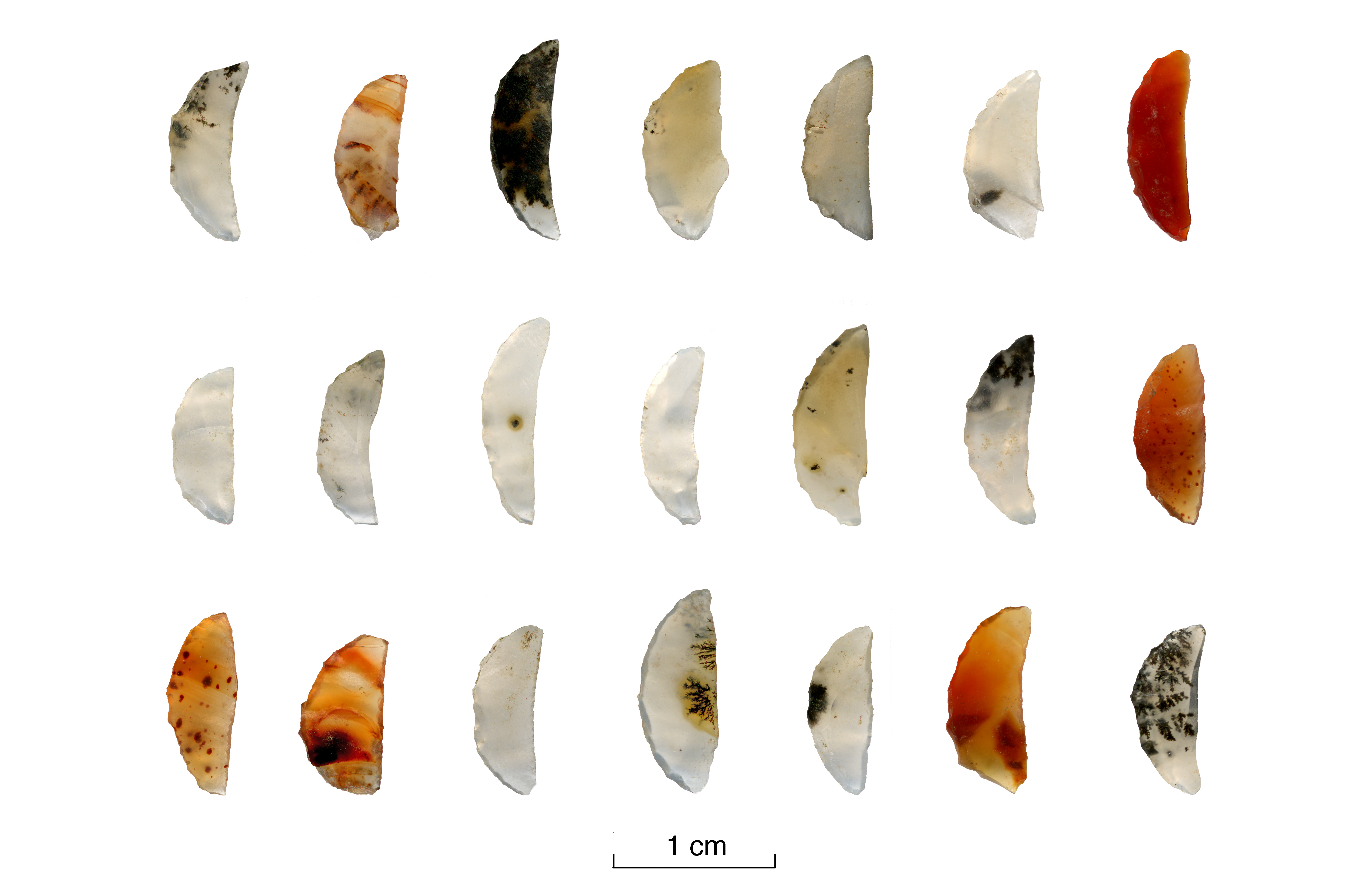 Middle Kerma quartz and carnelian lunates used as arrowheads (Kerma moyen V, Sector 24).