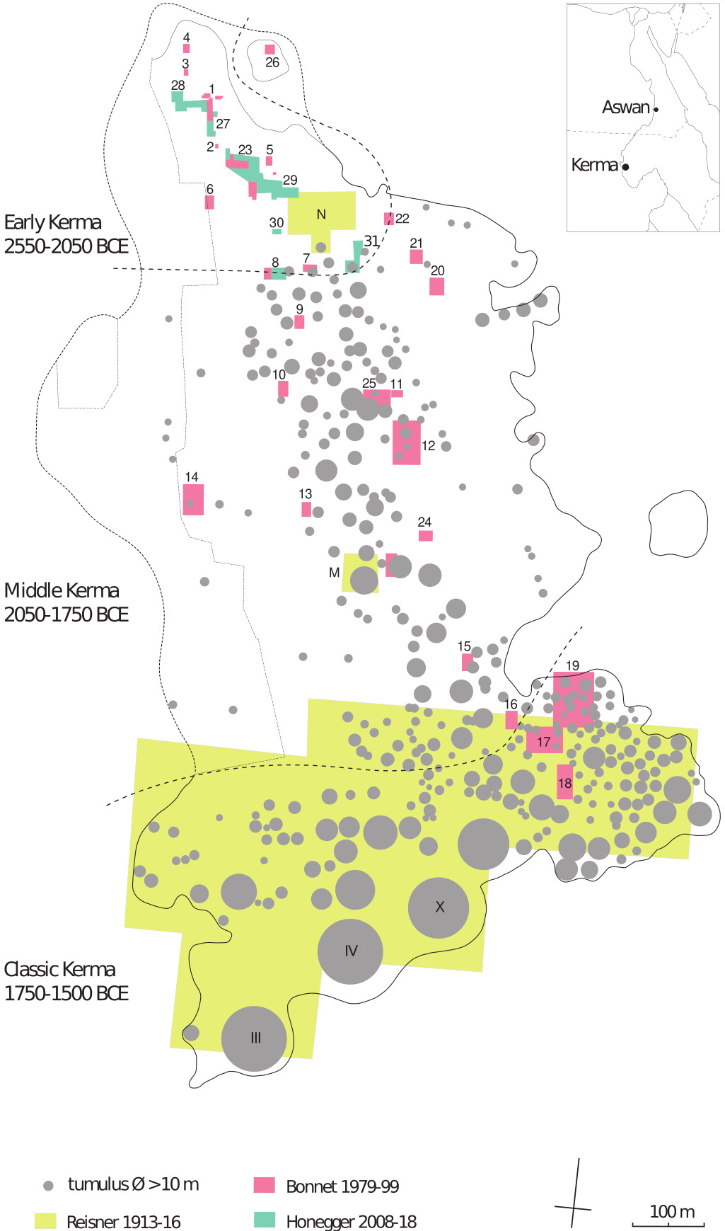 Plan of the Eastern Cemetery with the locations of large graves excavated since the early 20th century identified. The sectors investigated by Reisner between 1913-1916 are indicated. Sectors 1-27 were excavated by Bonnet between 1980-1997, whilst Sectors 27-31, as well as Sector 8, have been excavated or re-examined during our excavations which began in 2008.