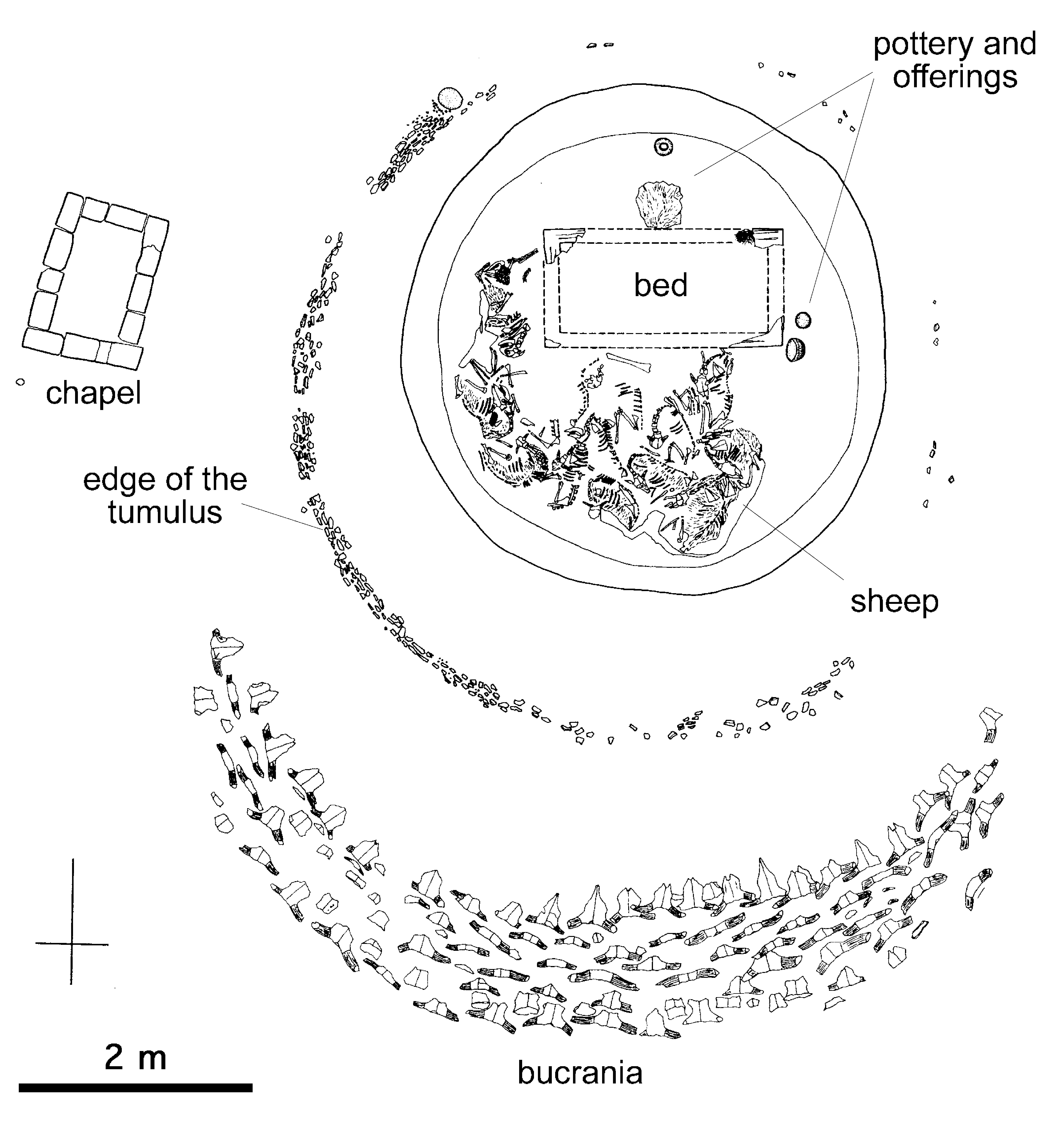 Middle Kerma grave with bucrania deposited south of the tumuli and a mud-brick chapel located to the west (ca. 1900 BC).