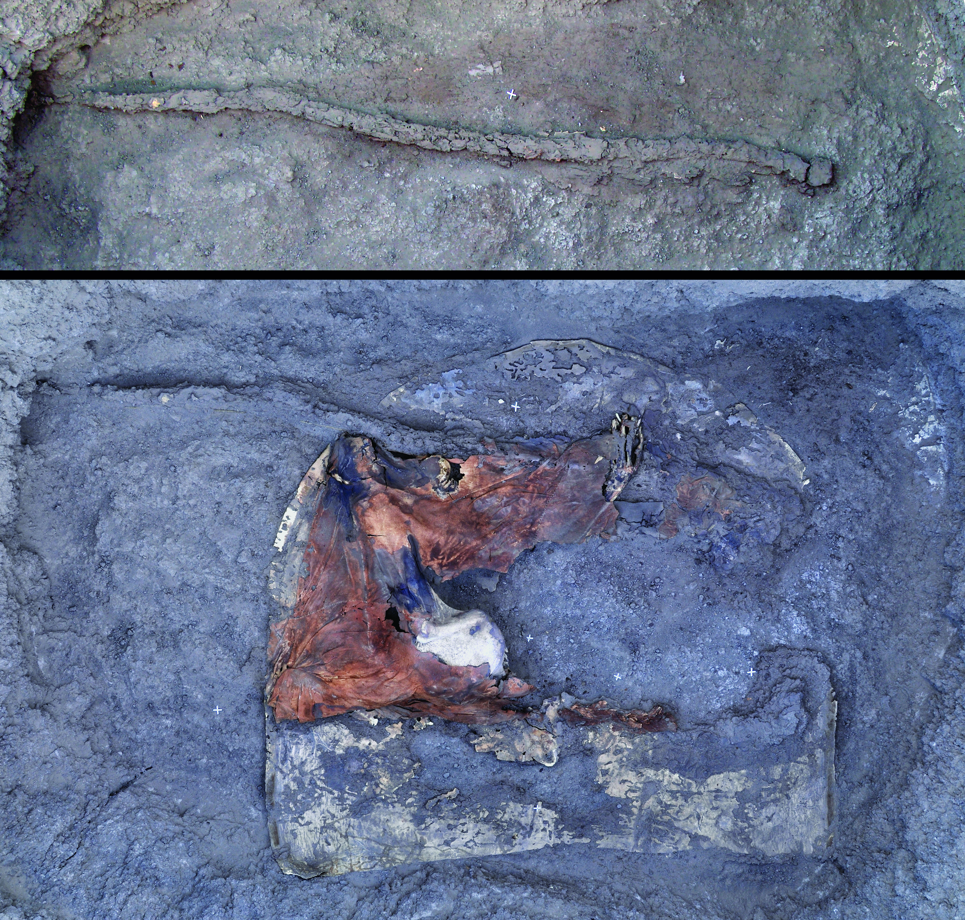 Plundered grave containing an adult with his leather loincloth and a double bend bow (Kerma ancien II, Sector 23). At the bottom: general view of the grave. At the top: detail of the bow whose length is over 1,5 m.