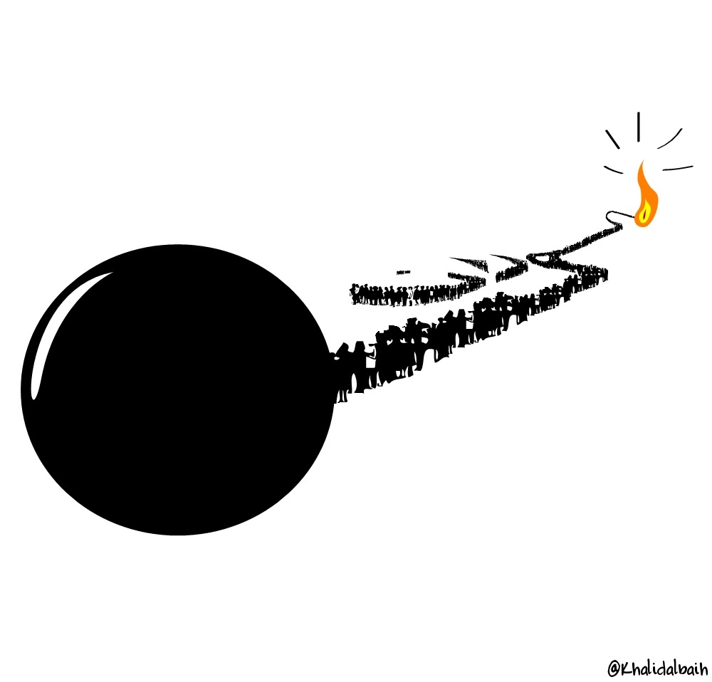 Cartoon by Khalid Albaih. Source: https://kultwatch.se/wp-content/uploads/2019/03/KhalidAlbaih_QueuingBomb_Sudan.jpg